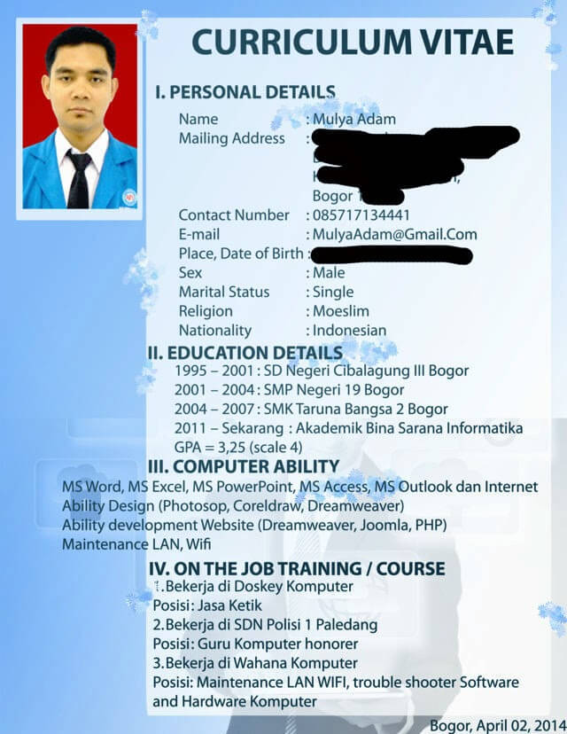 Contoh CV Dalam bahasa Inggris Untuk SMA SMK