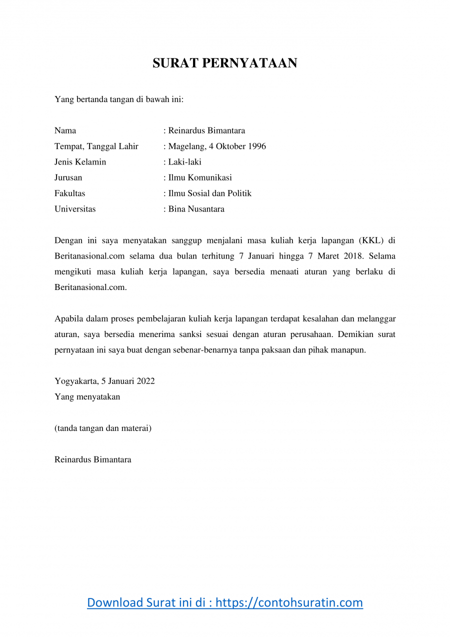 Contoh Surat Pernyataan Kesanggupan Mengikuti Kuliah Kerja Lapangan (KKL)